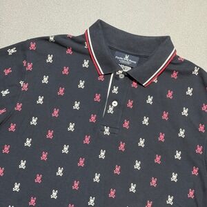 PSYCHO BUNNY Pique Polo Shirt Men 6 XL All Over Bunny Skull Print Tipped Collar